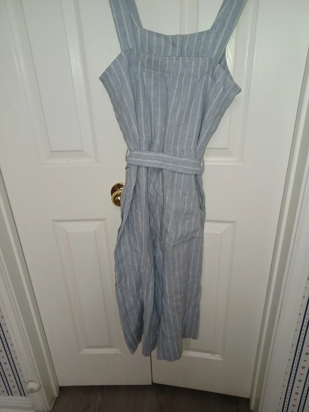 Everlane Striped Light Blue Linen-Blend Jumpsuit with Tie Waist